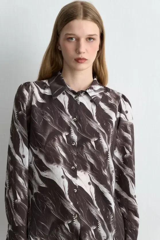 Anka Collection Lyocell Patterned Shirt - Brown - 3
