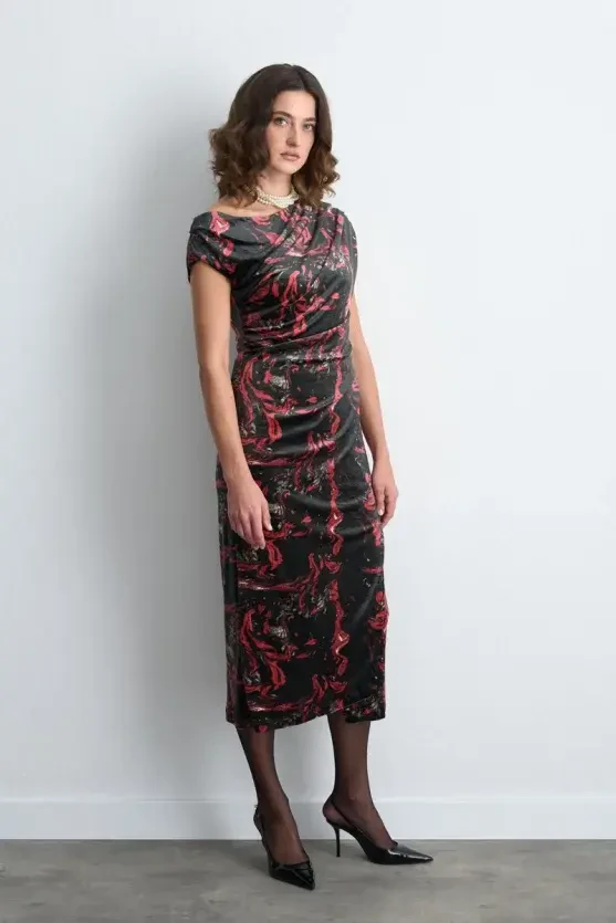 Anka Collection Patterned Long Velvet Dress - Black - 2