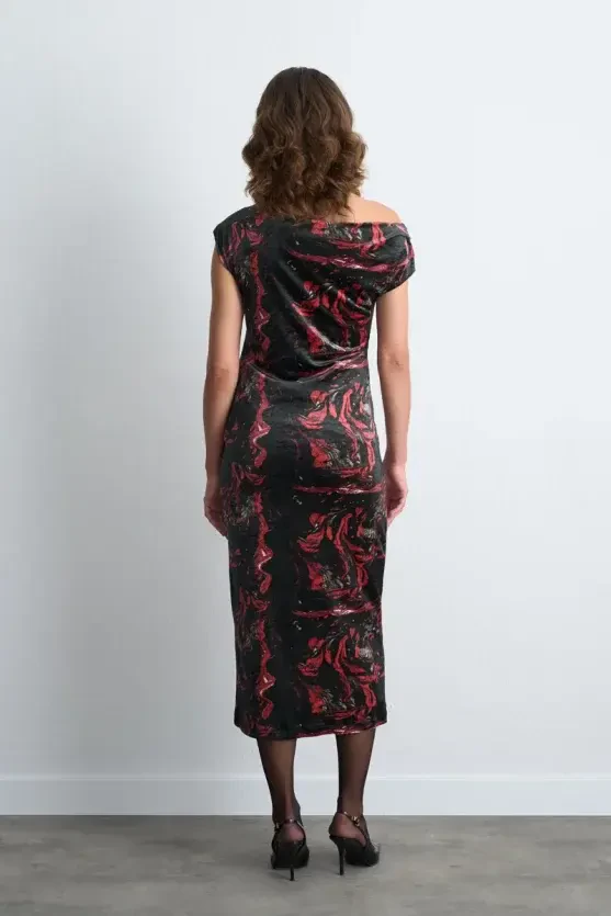 Anka Collection Patterned Long Velvet Dress - Black - Gusto