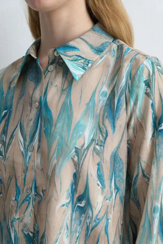 Anka Collection Patterned Lyocell Shirt - Blue - 3