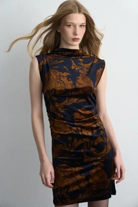 Anka Collection Patterned Mini Velvet Dress - Navy Blue - 3