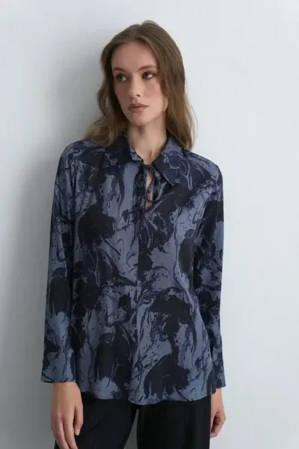 Anka Collection Patterned Viscose Blouse - Navy Blue Navy Blue