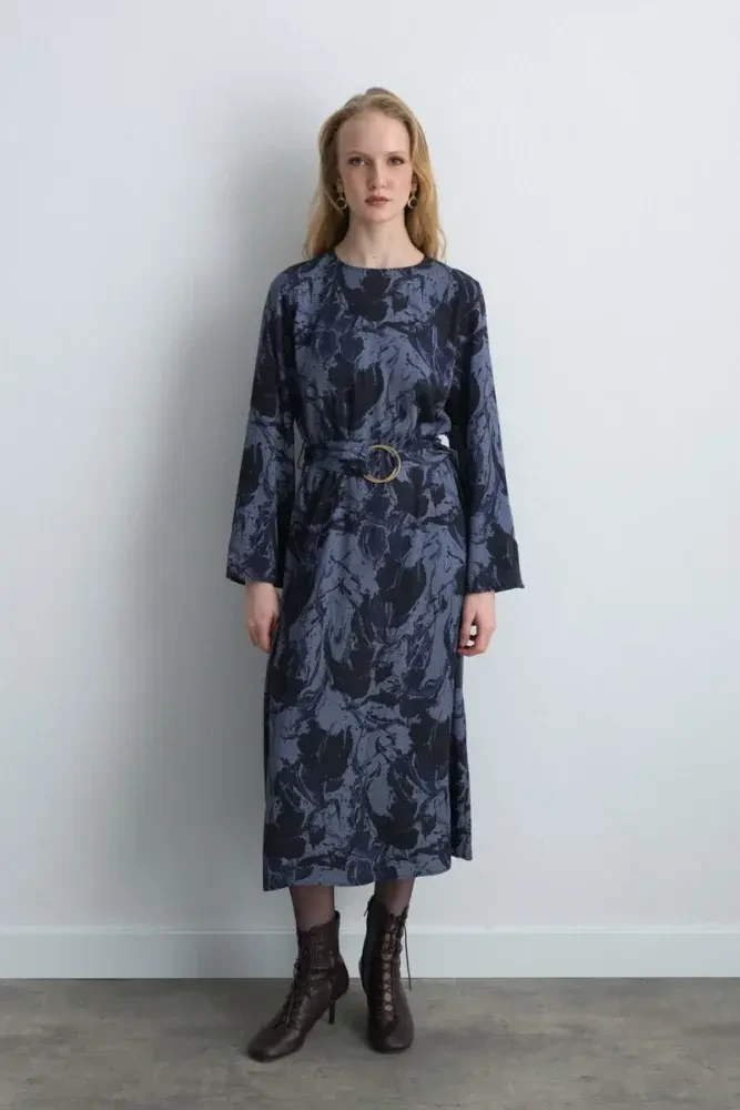Anka Collection Patterned Viscose Dress - Navy Blue Navy Blue