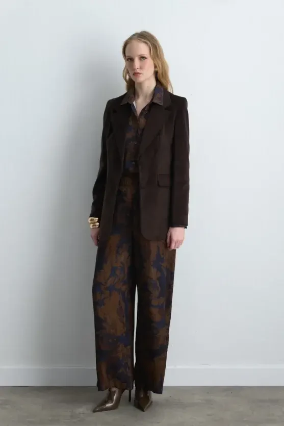 Anka Collection Ribbed Velvet Blazer Jacket - Brown - Gusto