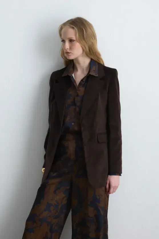 Anka Collection Ribbed Velvet Blazer Jacket - Brown - Gusto