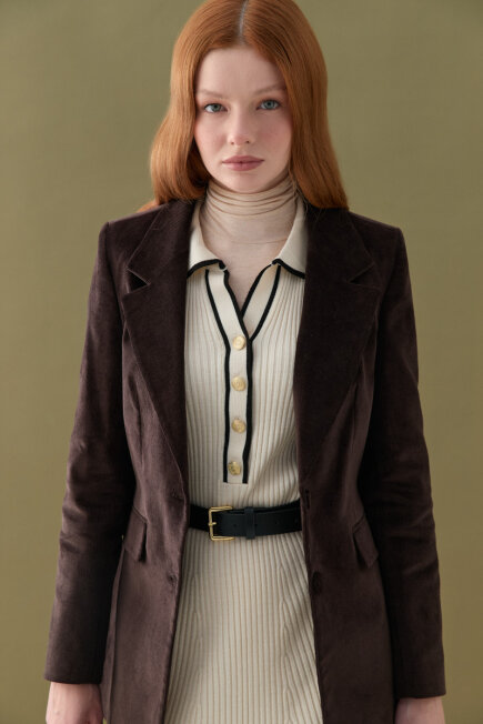 Anka Collection Ribbed Velvet Blazer Jacket - Brown - Gusto