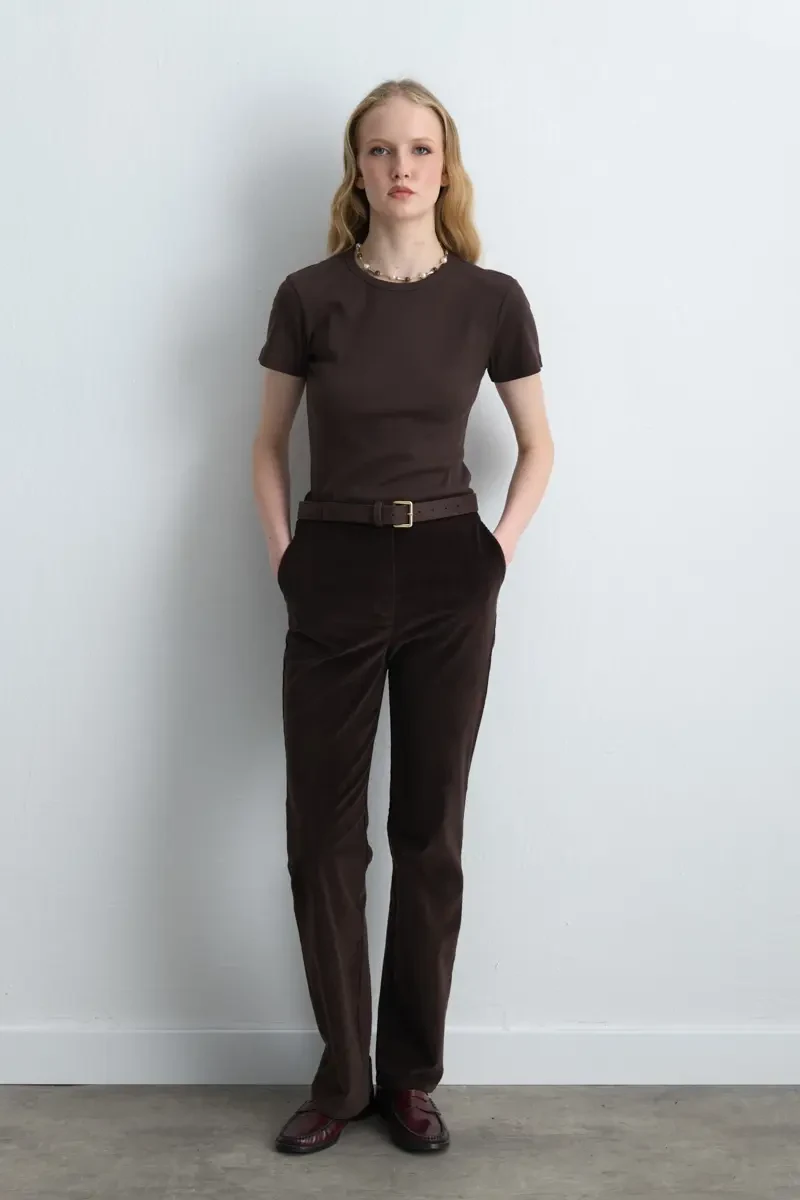 Anka Collection Ribbed Velvet Tapered Pants - Brown Brown