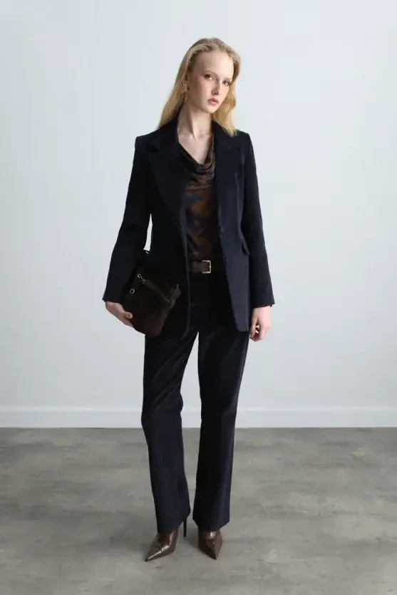 Anka Collection Ribbed Velvet Tapered Pants - Navy Blue - 3