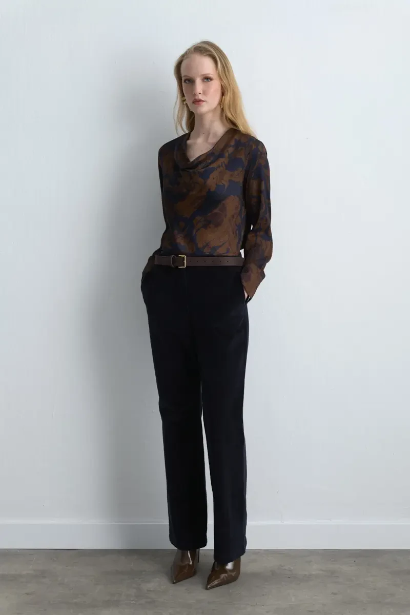 Anka Collection Ribbed Velvet Tapered Pants - Navy Blue - Gusto