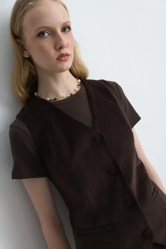 Anka Collection Ribbed Velvet Vest - Brown - Gusto