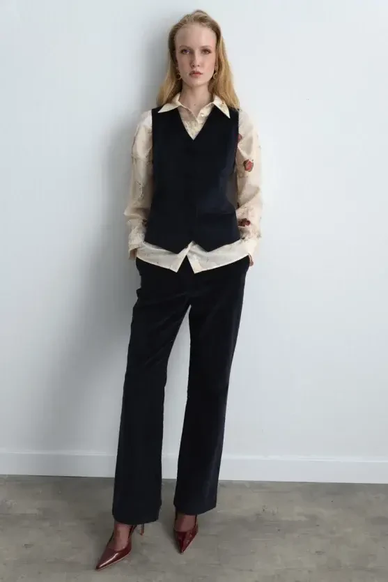 Anka Collection Ribbed Velvet Vest - Navy Blue - Gusto