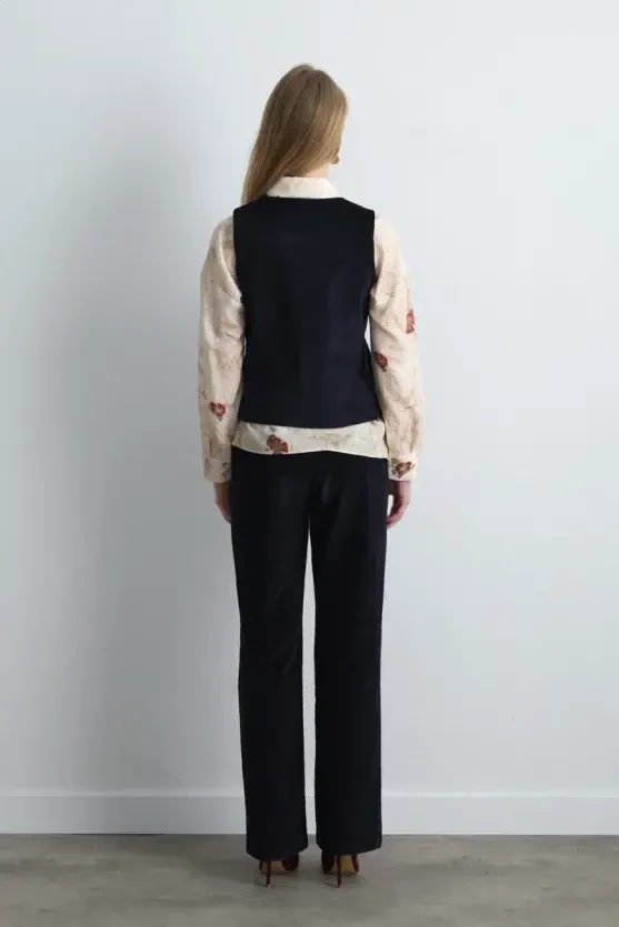 Anka Collection Ribbed Velvet Vest - Navy Blue - 6