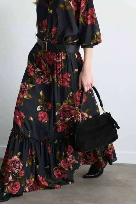 Anka Collection Rose Patterned Long Viscose Skirt - Black - Gusto