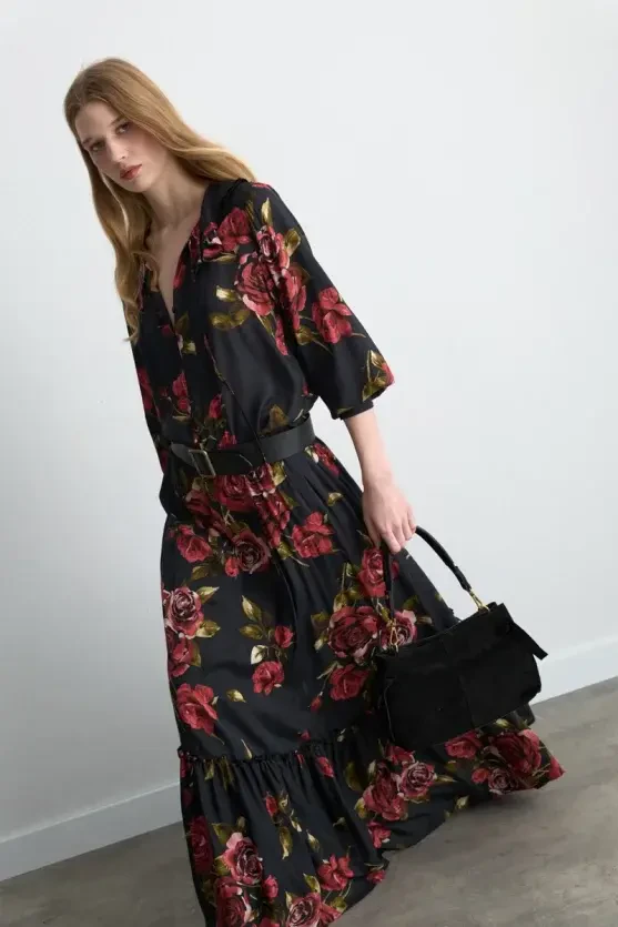 Anka Collection Rose Patterned Long Viscose Skirt - Black - 4