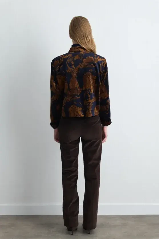 Anka Collection Stand Collar Velvet Jacket - Navy Blue - Gusto