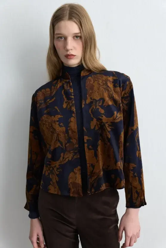 Anka Collection Stand Collar Velvet Jacket - Navy Blue - Gusto