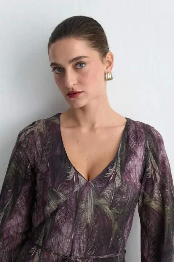 Anka Collection V-Neck Patterned Long Dress - Plum - Gusto