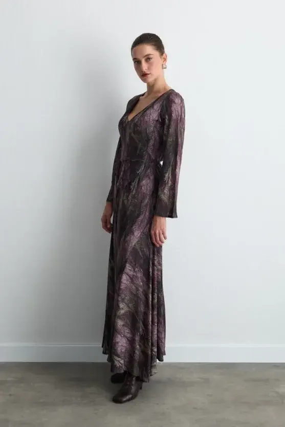 Anka Collection V-Neck Patterned Long Dress - Plum - 4