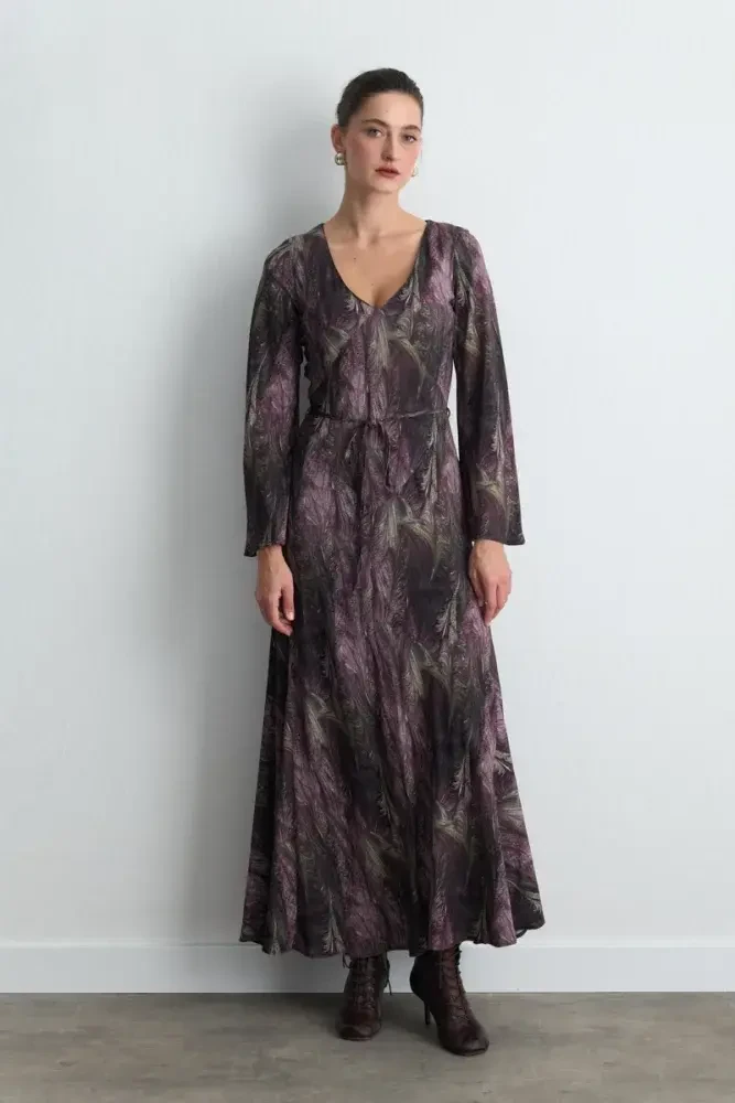 Anka Collection V-Neck Patterned Long Dress - Plum Marroon