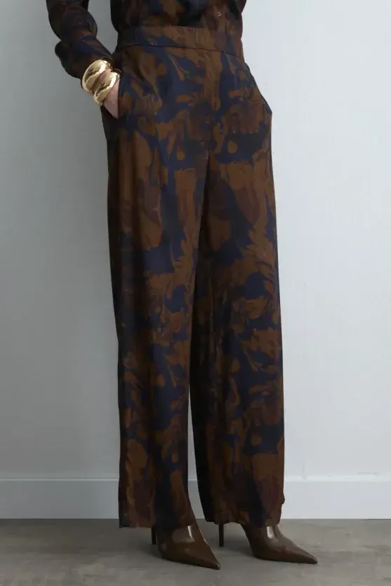 Anka Collection Wide Leg Viscose Satin Pants - Brown - Gusto