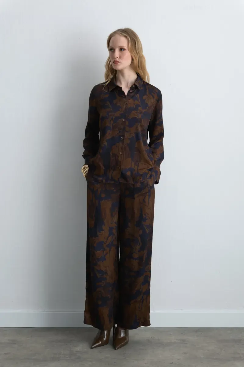 Anka Collection Wide Leg Viscose Satin Pants - Brown Brown