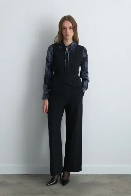 Anka Collection Wool Blend Soft Stripe Pants - Navy Blue Navy Blue