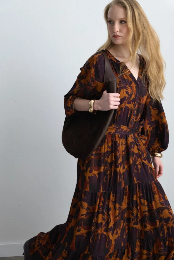 Anka Koleksiyonu Beli Kemerli Uzun Viskon Elbise - Mürdüm - 7