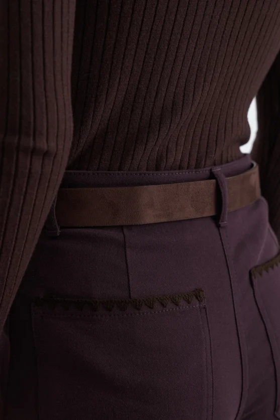 Anka Koleksiyonu Cepleri Nakışlı Kanvas Pantolon - Mürdüm - 5