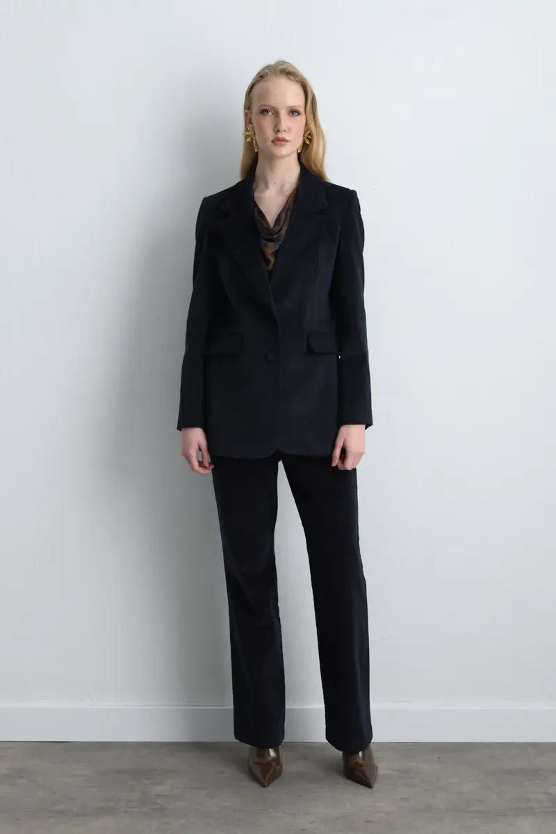 Anka Koleksiyonu Fitilli Kadife Blazer Ceket - Lacivert - Gusto