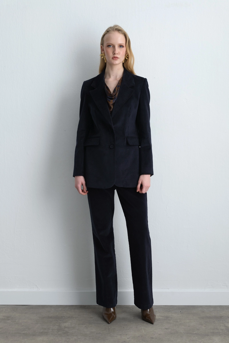 Anka Koleksiyonu Fitilli Kadife Blazer Ceket - Lacivert - 2