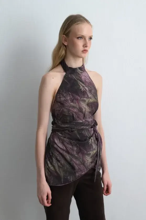 Anka Koleksiyonu Fularlı Halter Yaka Bluz - Mürdüm - 4