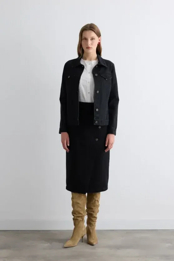 Anvelop Kesim Denim Etek - Siyah - Gusto