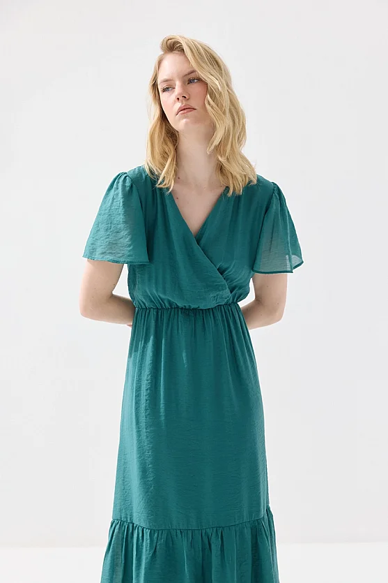 Anvelop Kesim Düşük Kollu Uzun Viskon Elbise - Yeşil - 5