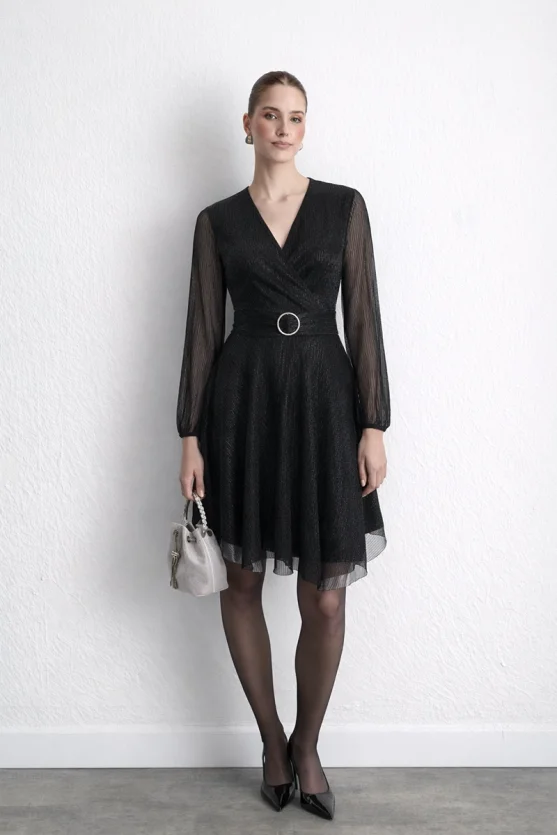 Anvelop Kesim Pırıltılı Abiye Elbise - Siyah - 1