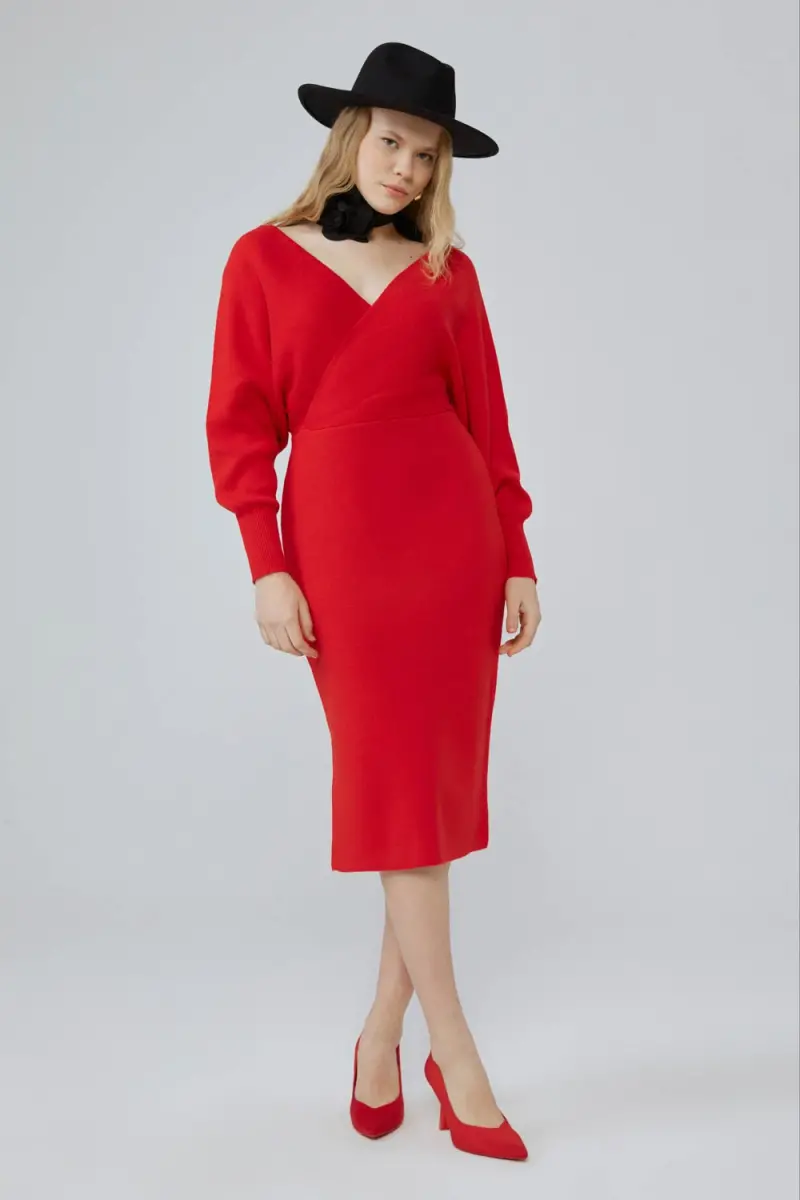Anvelop Kesim Triko Elbise - Kırmızı - 3
