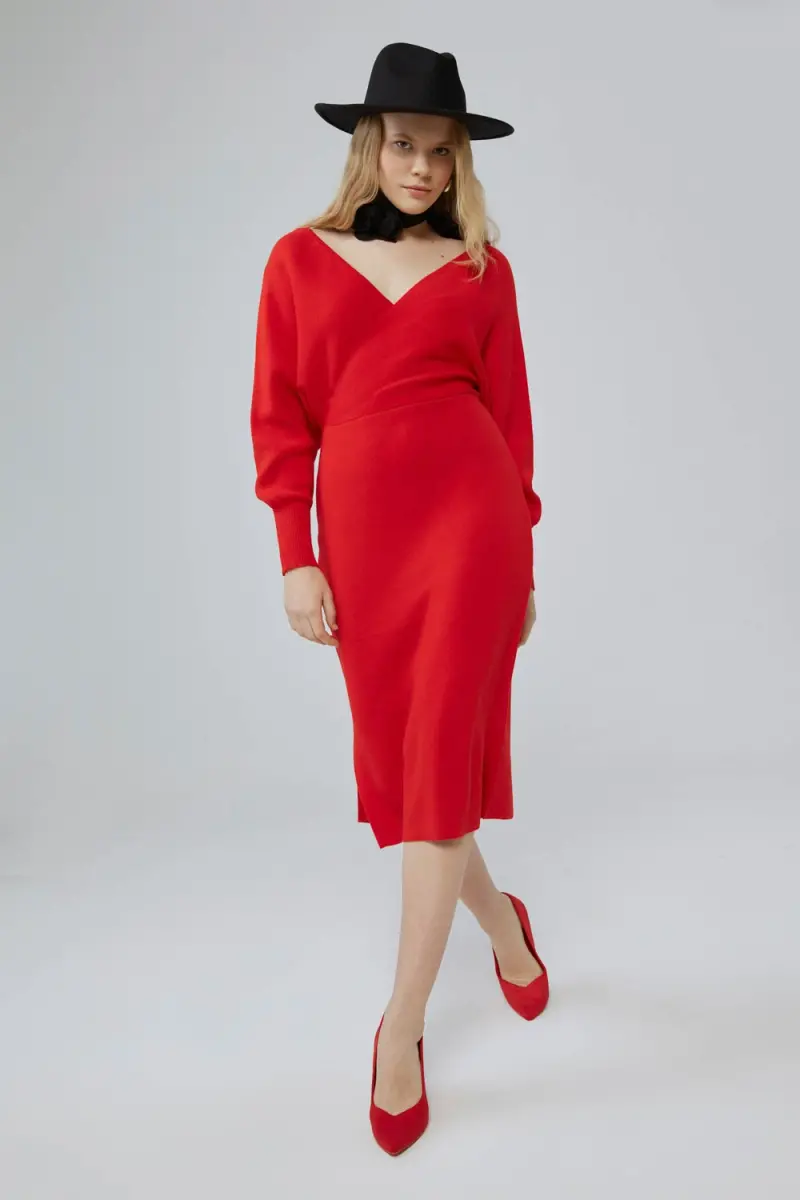 Anvelop Kesim Triko Elbise - Kırmızı - 2