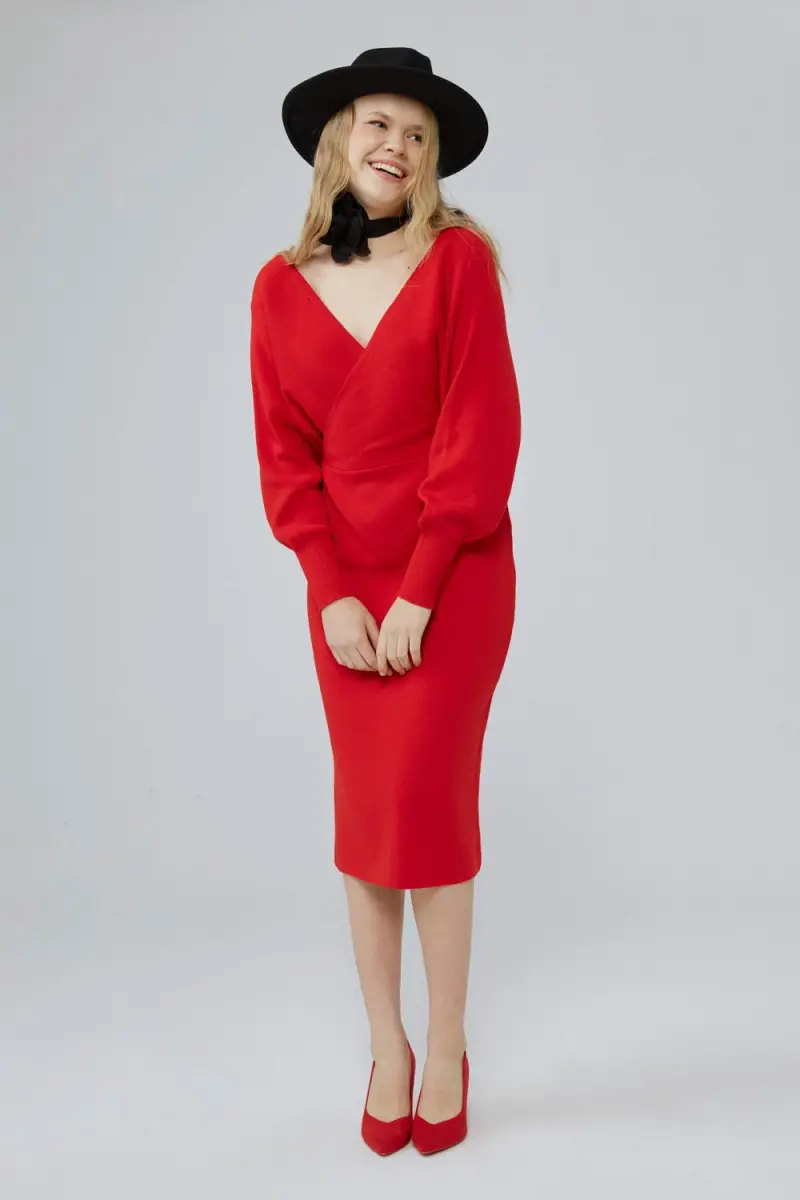 Anvelop Kesim Triko Elbise - Kırmızı - 5