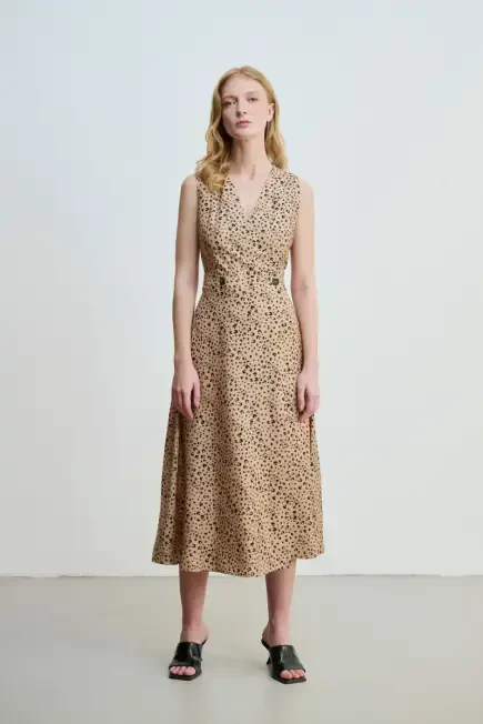 Anvelop Kesim Uzun Leopar Elbise -Camel Camel