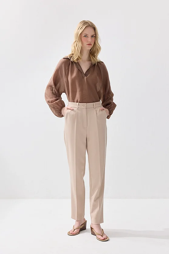 Arka Beli Lastikli Sigaret Pantolon - Bej - Gusto