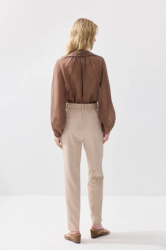 Arka Beli Lastikli Sigaret Pantolon - Bej - 4