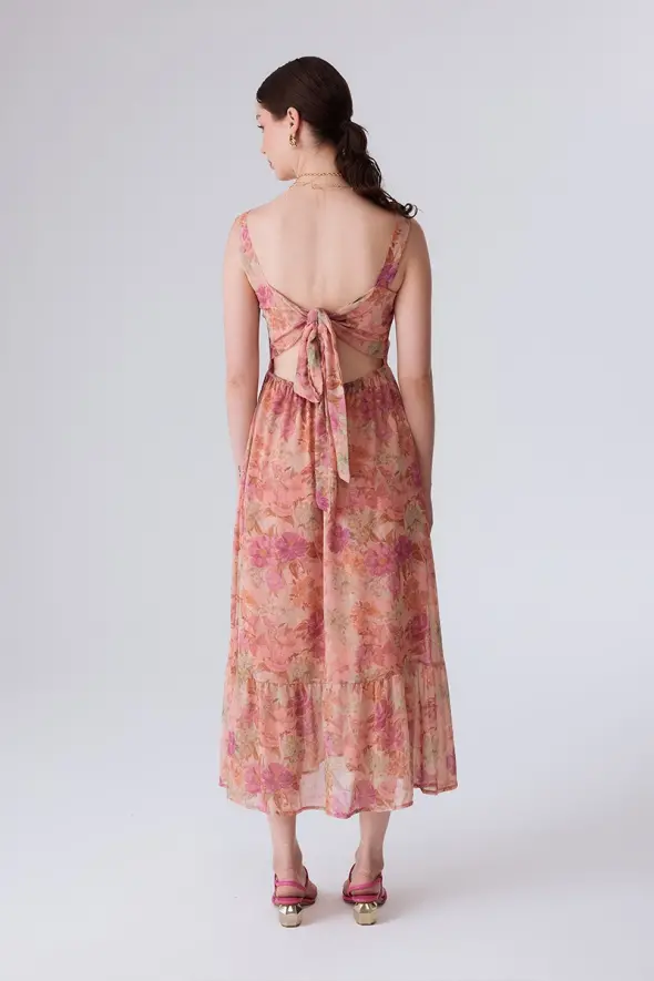 Arkası Bağcıklı Uzun Desenli Elbise - Pembe - 5