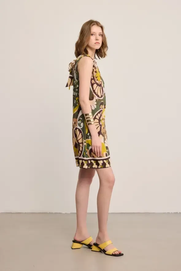 Arkası Bağcıklı Viskon Karışımlı Jile Elbise - Haki - Gusto