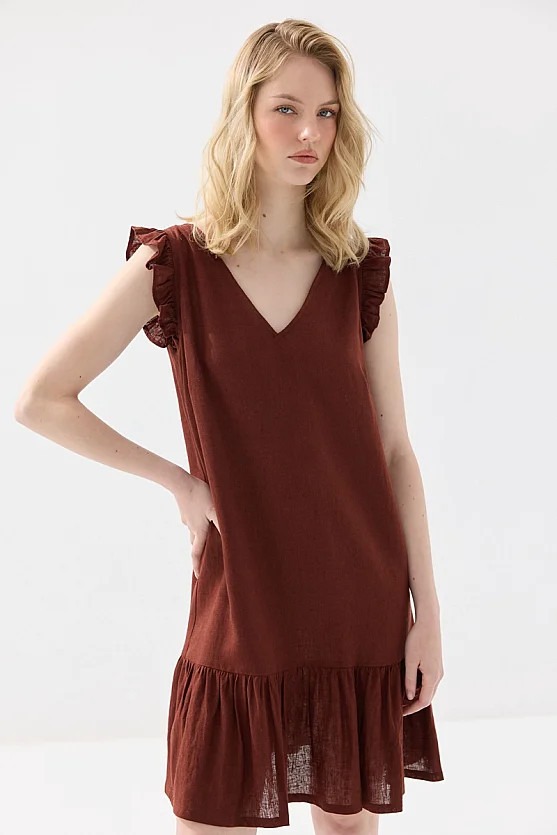 Arkası Bağcıklı Volanlı Keten Elbise - Kiremit - Gusto