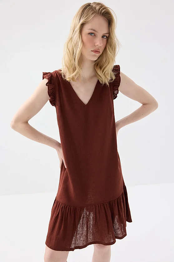 Arkası Bağcıklı Volanlı Keten Elbise - Kiremit - Gusto