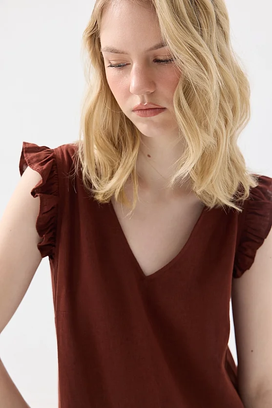 Arkası Bağcıklı Volanlı Keten Elbise - Kiremit - Gusto