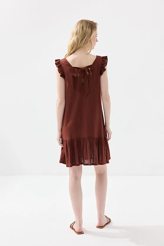 Arkası Bağcıklı Volanlı Keten Elbise - Kiremit - Gusto