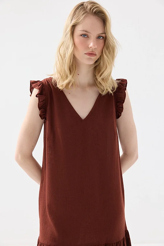 Arkası Bağcıklı Volanlı Keten Elbise - Kiremit - Gusto