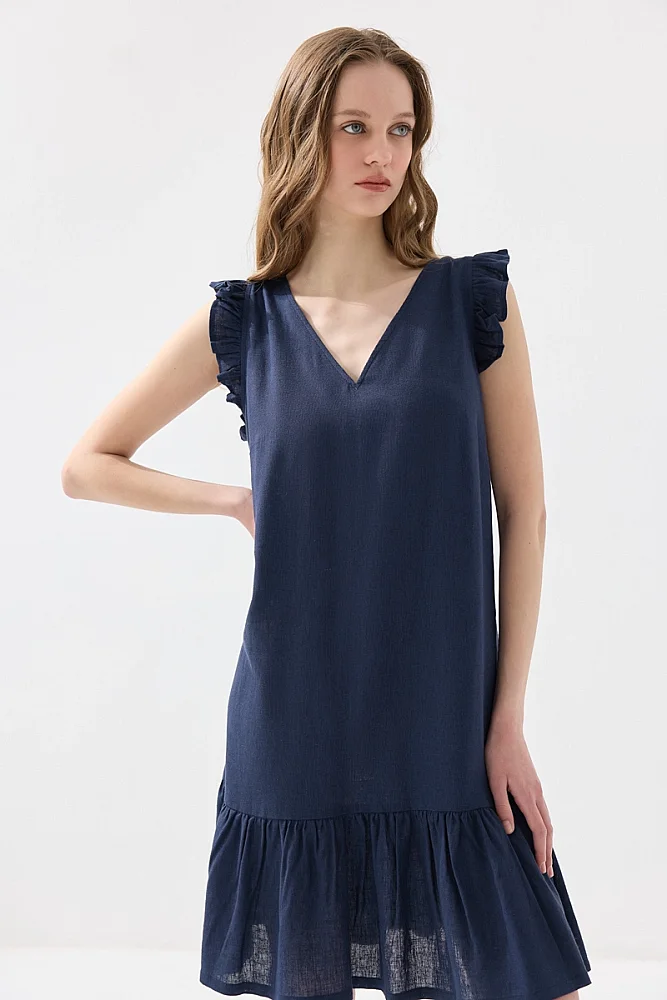 Arkası Bağcıklı Volanlı Keten Elbise - Lacivert