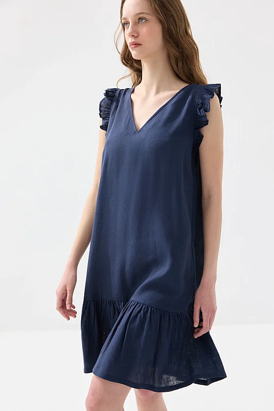 Arkası Bağcıklı Volanlı Keten Elbise - Lacivert - Gusto