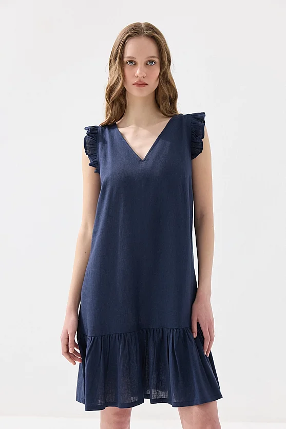 Arkası Bağcıklı Volanlı Keten Elbise - Lacivert - Gusto